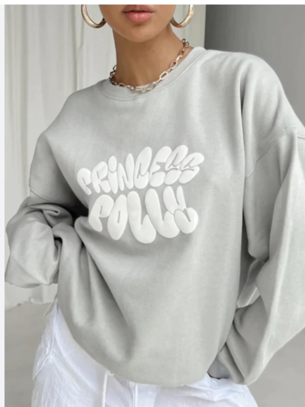 Princess Polly Bubble Text Sweatshirt Light Gray Oversized Crew Neck Pullover 2